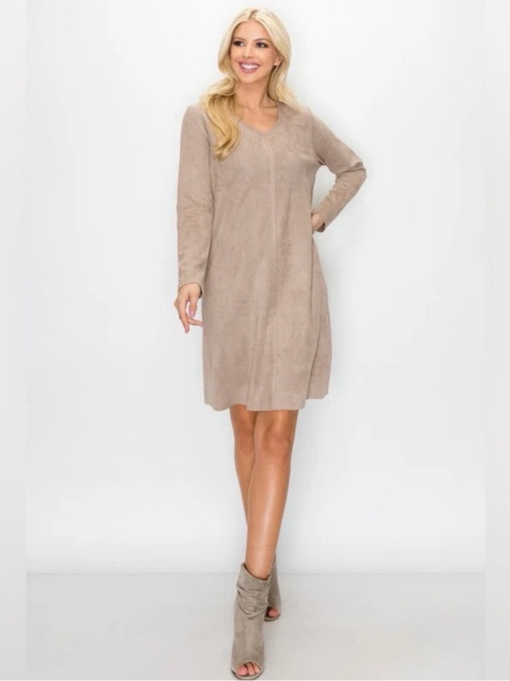 Joh Aurora Faux Suede Classic V-Neck Long Sleeve Taupe Dress Size Large